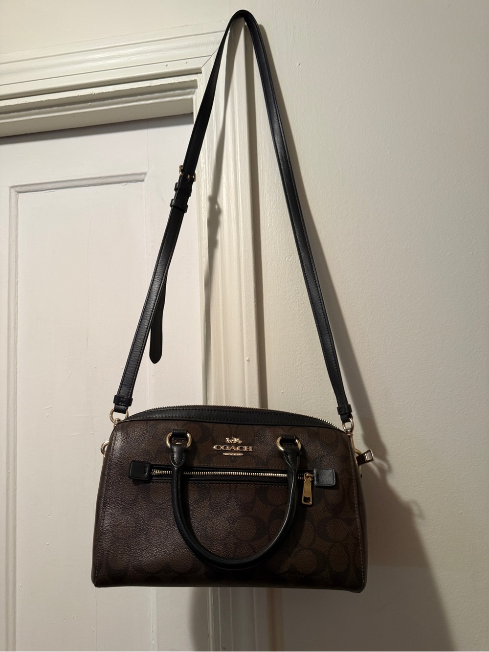 Coach Brown Signature Dome Satchel Crossbody with Black Strap